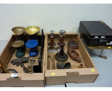 Set of vintage scales, another, other metalware and treen in two boxes 