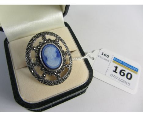 Marcasite and blue agate cameo ring stamped 925