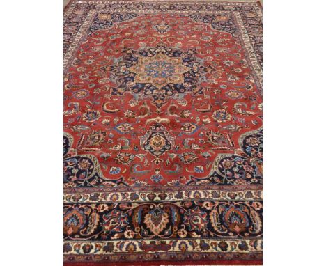 Persian Meshed plum and blue ground rug carpet, 390cm x 288cm