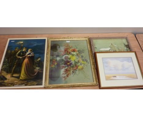 'Autumn Harvest', colour print after Vernon Ward and other pictures and prints in two boxes 