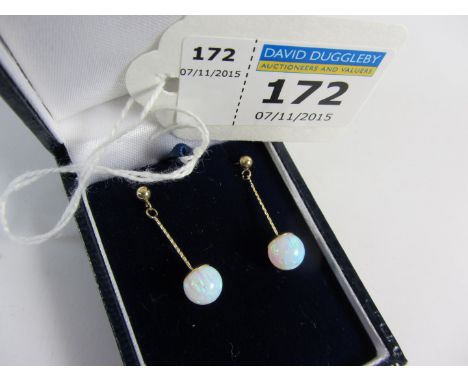 Pair of opal drop ear-rings stamped 375