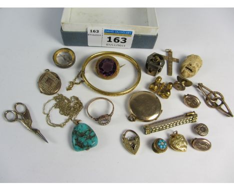 Turquoise pendant necklace stamped 375, Victorian mourning ring inscribed from Bert to Gwladys, lockets, charms etc
