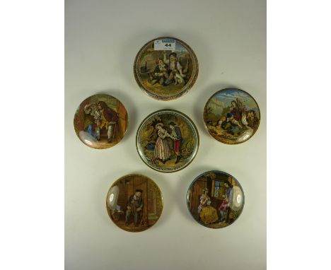 Six Victorian Prattware pot lids, 'On Guard', 'First and Second Appeal' and three others.