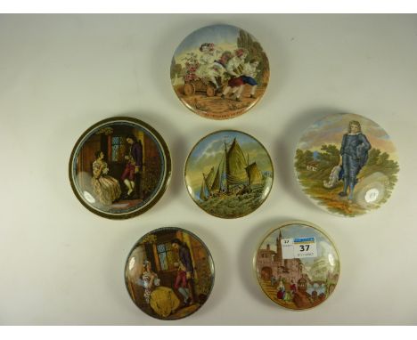 Six Victorian Prattware pot lids, two variations of the 'First Appeal', 'The Children of Flora' and two others.