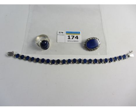 Lapis lazuli bracelet stamped Chile 950, brooch stamped 925, ring stamped silver