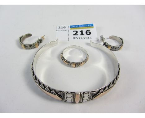 Silver and rose gold-plated bangle stamped 925, matching ring and pair ear-rings