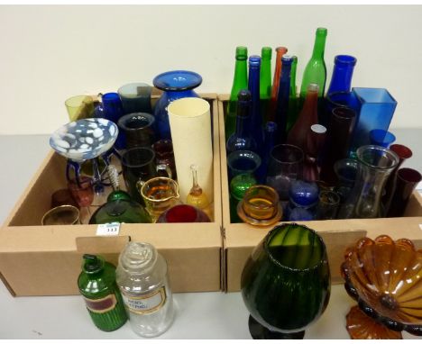 Two chemist's bottles, Mdina glass vase, glass walking stick and other coloured glassware in two boxes