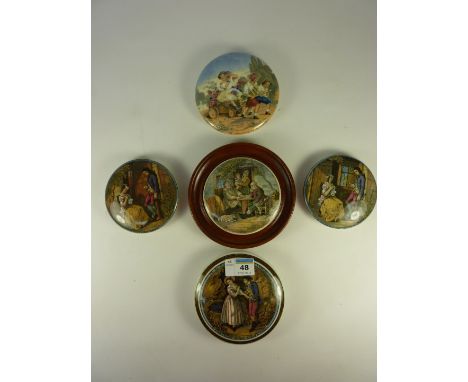 Five Victorian Prattware pot lids, two versions of 'First Appeal', 'Second Appeal', 'The Children Of Flora' and one other.