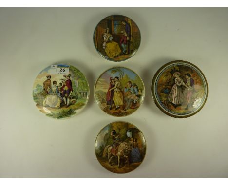 Five Victorian Prattware pot lids, 'First Appeal', 'Second Appeal', 'The Cavalier' and two others.