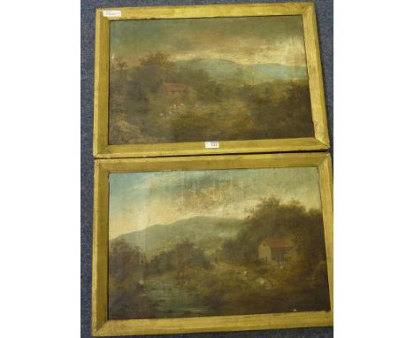 Upland Farmsteads, pair Victorian oils on canvas signed R Marshall 39cm x 59cm