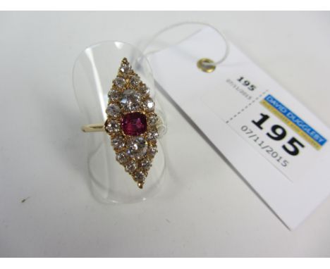 Ruby and diamond marquise shaped ring in the Art Deco style stamped 14k 3cm
