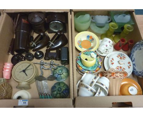 Vintage Bakelite Veret Electric Bed Warmer, Bakelite tea caddy, mantel clock and other items, Burleigh Ware wall pocket, and 