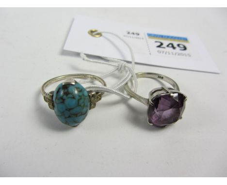 Vintage amethyst ring stamped 9ct and a turquoise and marcasite ring stamped 830S