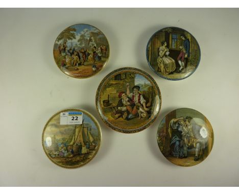 Five Victorian Prattware pot lids 'Uncle Toby', 'The Village Wedding', 'First Appeal' and two others.