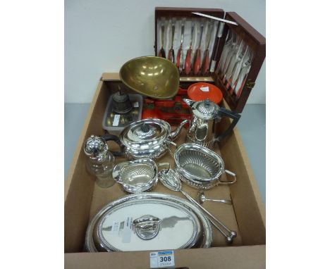 Four piece silver-plated tea set, vintage 'The King' scales (with weights) and other metalware in one box