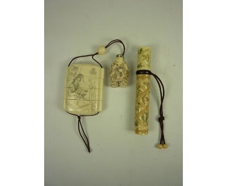 Japanese carved bone inro and netsuke; Japanese carved bone tonkotsu pipe case