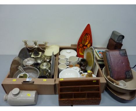 Poole dish, retro ceramics, RWP plate, vintage scales (with weights), kitchenalia, silver plate, records and other items in t