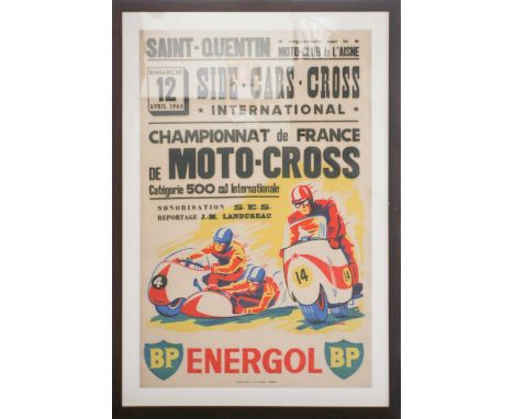 An original mid-20th century French advertising poster of Motorsport interest for the 'Championnat de France de Moto-Cross Ca