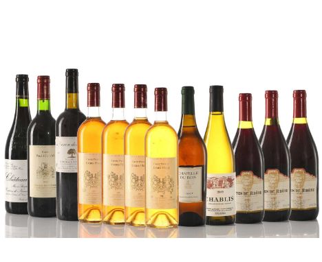 Twelve bottles of assorted wine, to include 2001 Cuvee-Prestige Evans-Flagg Sauternes (x4), 2009 Chablis, 1998 Baron des Tour