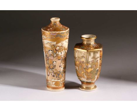 A Japanese Satsuma vase, Meiji period, of tapering hexagonal form, the shoulder with diaper panels on a gilt scale ground, ab