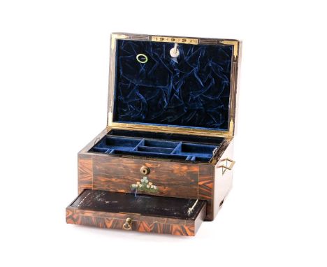 A Victorian brass bound coromandel jewellery box by I.J . Mechi of London. With a pair of folding flush handles and a frieze 