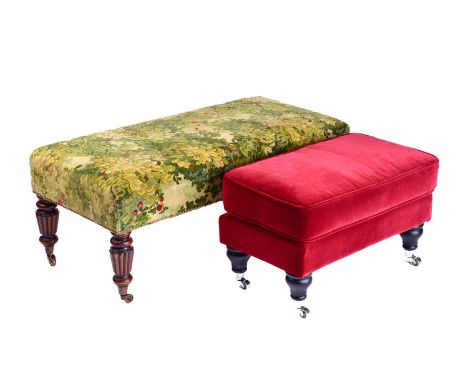 A William IV style rectangular hearth stool, 20th century. With tapestry effect stuff over upholstery. On squat turned and cl
