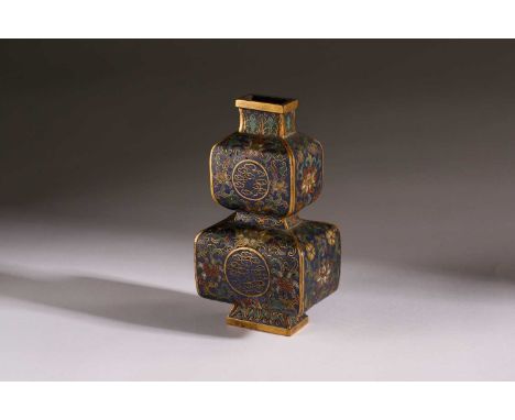 A Chinese cloisonne enamel and gilt metal double gourd vase, Qing, 19th century, of square form, the neck decorated with upri