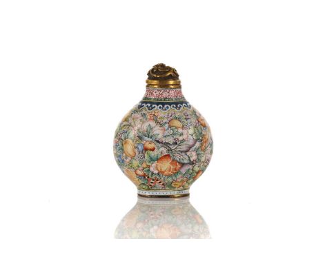 A fine Chinese enamel snuff bottle, the gilt stopper cast with a coiling chilong, the bottle finely painted with butterflies 
