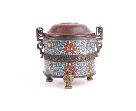 A Chinese cloisonne enamel censer, Qing, 19th century, of cylindrical form, with two bands decorated with the eight auspiciou