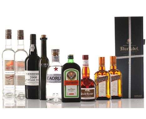 A cased bottle of Johnnie Walker Blue Label Whisky, together with a case bottle of Cockburn's 2000 Vintage Port and assorted 