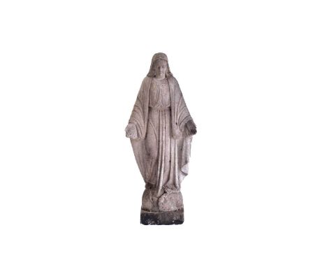 A carved white marble figure of the Virgin Mary, Blessed Mother,19th century, she stands with welcoming arms on the half glob