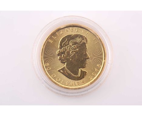 Queen Elizabeth II; a 2015 gold 1oz Canada, 50 Dollars, struck in .9999 gold, with obverse portrait, R. Maple Leaf, in capsul