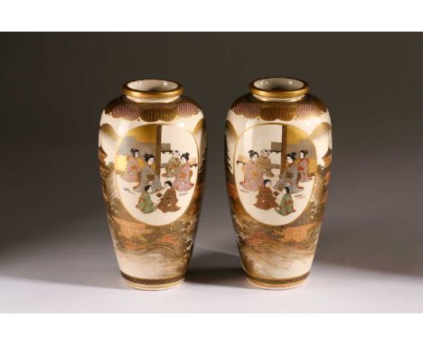 A pair of Japanese mirror image Satsuma vases, Meiji period, the shoulder painted with a geometric band above a band of fans,