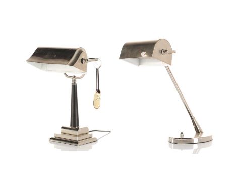 A pair of vintage style chromium-plated and ebonized "Banker's" style desk lamps. 40 cm high x 26 cm wide the largest of the 