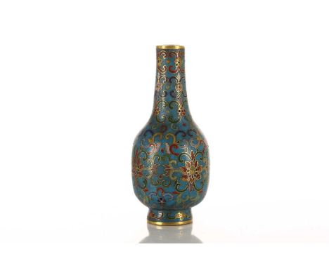 A small Chinese cloisonne enamel mallet shaped vase, Qing, possibly Daoguang period, decorated with lotus flowers amongst ten