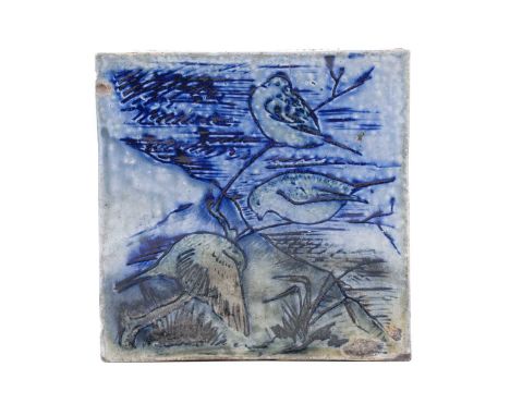 A Martin Brothers stoneware blue-glazed tile, late 19th century, with incised bird decoration, signature to edge and dated 18