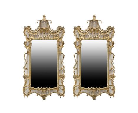 A pair of 'Chinese Chippendale' style carved, pierced wood and gilt gesso wall mirrors, 20th century, with open pagoda surmou