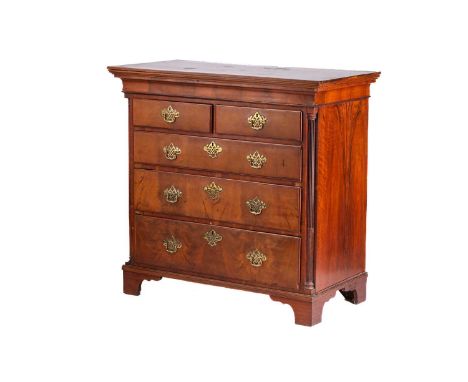 A 19th century walnut chest with brass furniture, two short over three graduated drawers, on bracket feet, 107 cm high x 110 