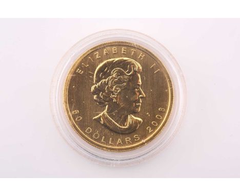 Queen Elizabeth II; a 2008 gold 1oz Canada, 50 Dollars, struck in .9999 gold, with obverse portrait, R. Maple Leaf, in capsul