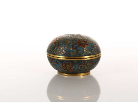 A small Chinese cloisonne enamel cosmetic pot and cover, Qing, possibly Jiaqing period, of circular form, with lotus flowers 
