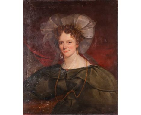 19th century Continental school, a head and shoulders portrait of a woman, wearing a green dress and lace bonnet, unsigned oi