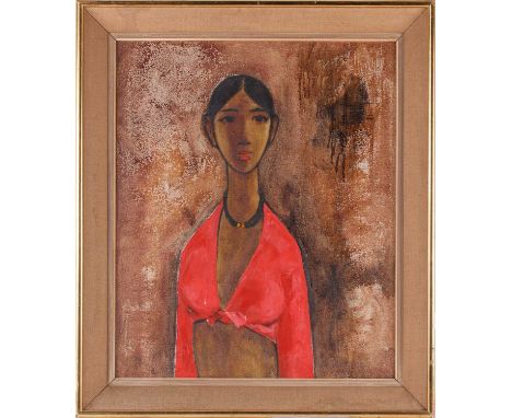 B Prabha (1933-2001) Indian, half-length portrait of a woman, oil on canvas, signed and dated 1964, 59 cm x 49 cm in a compos