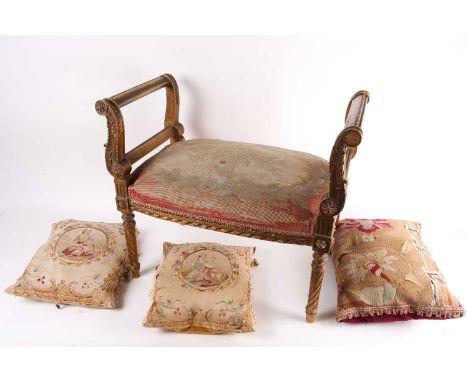 A Louis XVI style carved wood and gilt gesso window seat with floral tapestry upholstered seat, together with two Aubusson st