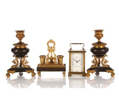 A French Empire design two-section ormolu boudoir encrier, late 19th century, with faux basket weave decoration and lyre hand