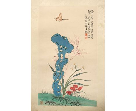 A Chinese watercolour hanging scroll, 20th century, painted with a butterfly above a blue viewing stone, with lingzhi fungus,