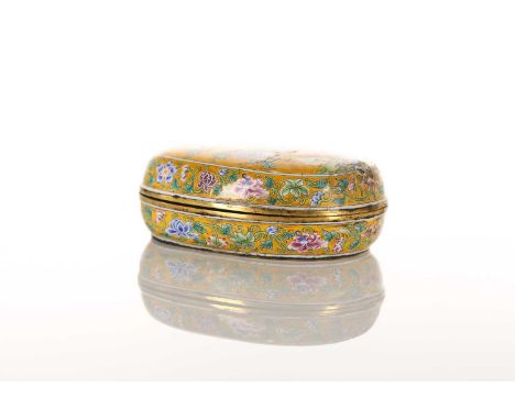 A Chinese Canton enamel rounded oblong seal box. Decorated with golden pheasants amongst colourful stylized peonies on a yell