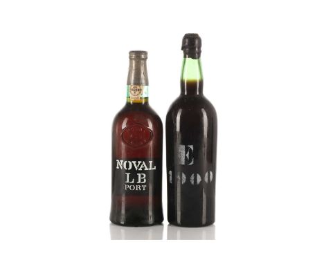 E 1900, a bottle of unspecified vintage Port (?) the bottle stencilled "E 1900", with a wax cap. Together with a bottle of Qu