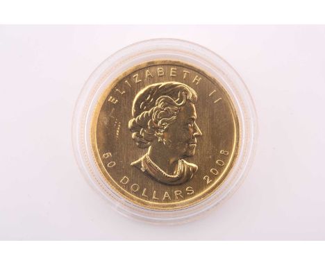Queen Elizabeth II; a 2008 gold 1oz Canada, 50 Dollars, struck in .9999 gold, with obverse portrait, R. Maple Leaf, in capsul