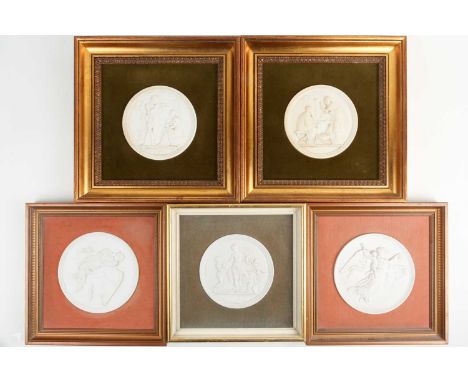A group of five Royal Copenhagen circular bisque framed plaques, each with Classical figures, the largest frame 29.8 cm wide.