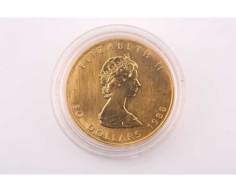 Queen Elizabeth II; a 1988 gold 1oz Canada, 50 Dollars, struck in .9999 gold, with obverse portrait, R. Maple Leaf, in capsul